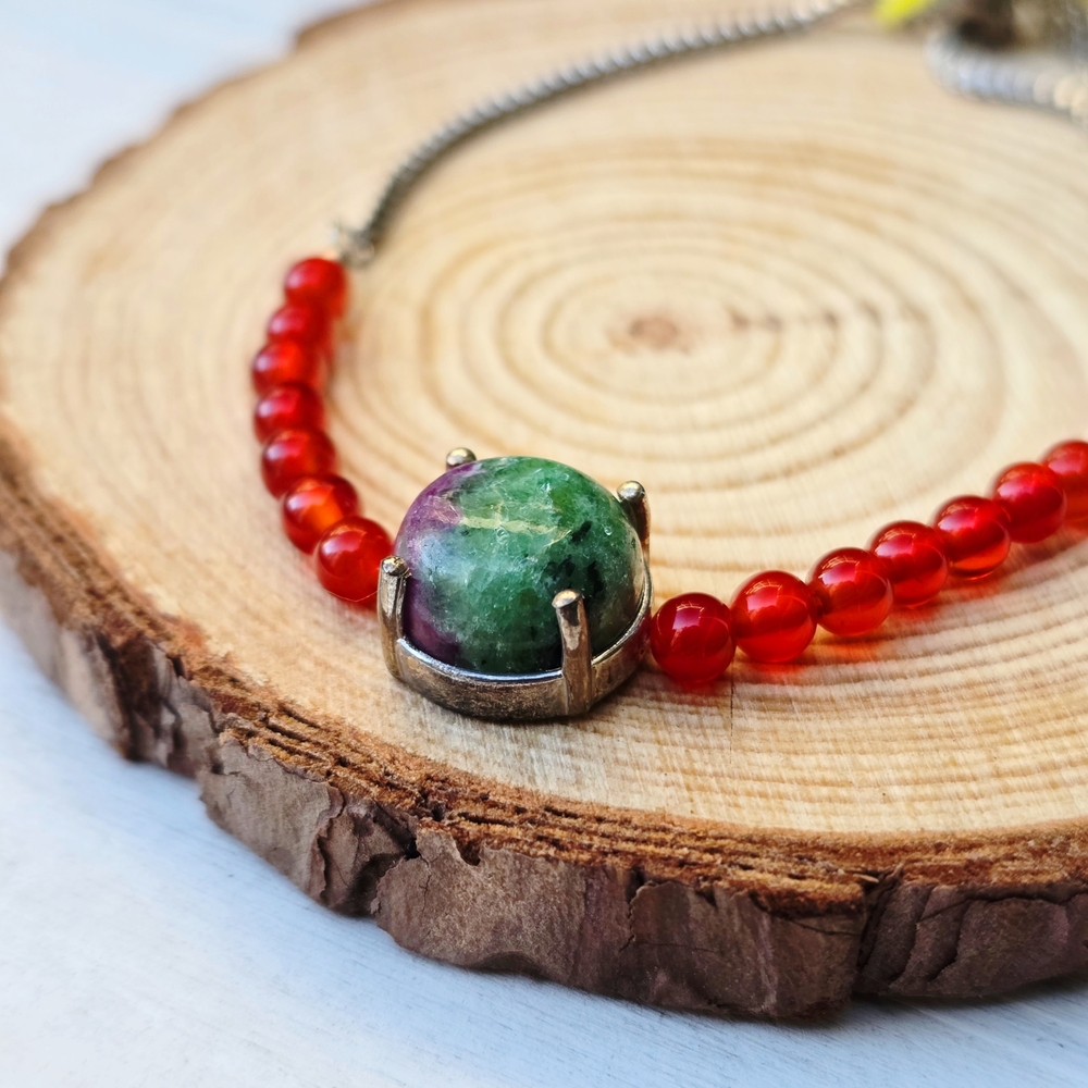 Ruby Zoisite ✦ Sterling Silver Gemstone Bolo Bracelet ✦ Red Agate Accents NWT